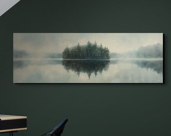 Panoramic Lake Watercolor Forest Wall Art Print Foggy Tree Lake Wall Art Peaceful Wall Art Lake Wall Art Panoramic Art