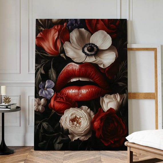 Vintage Oil Painting Of Red Lips And Flowers Bold Romantic Floral Wall Art With Roses Anemones Glam Canvas Poster Print