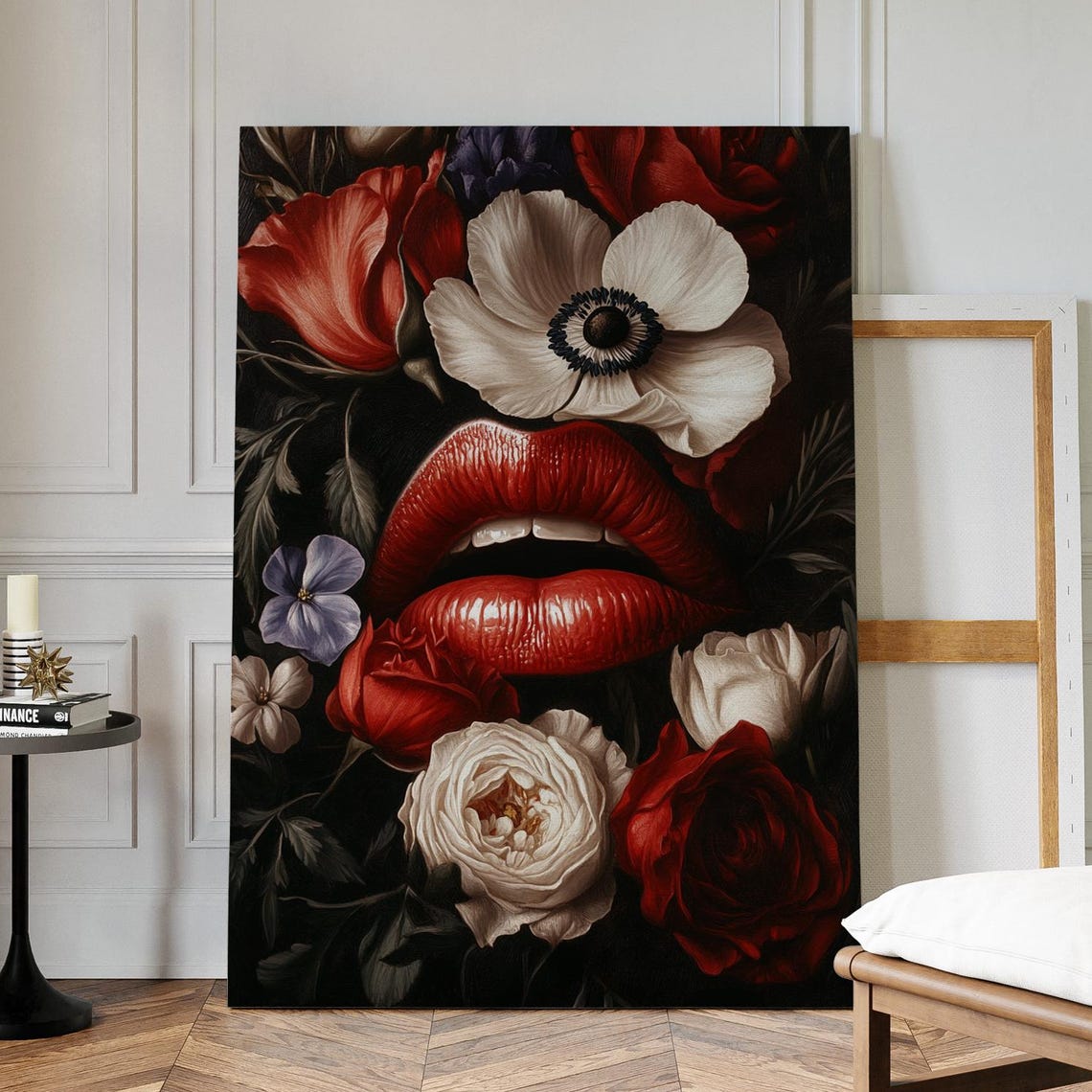 Vintage Red Lips And Flowers Bold Romantic Floral Art Poster