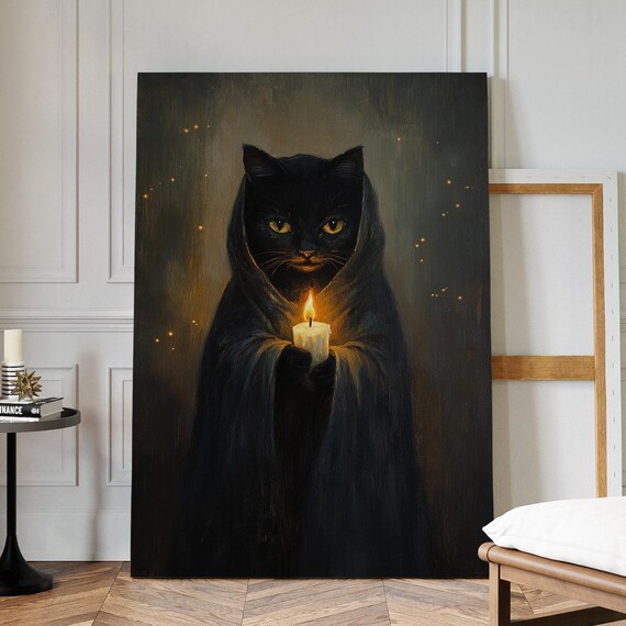 Black Cat In Hooded Cloak Holding Candle Spooky Halloween Art Poster