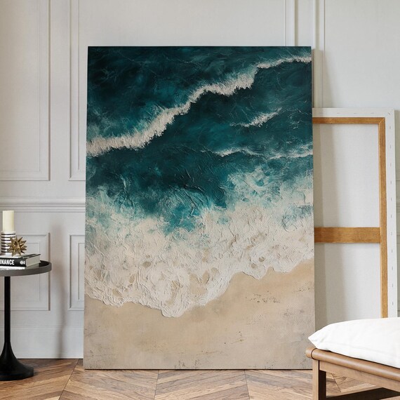 Textured Crashing Teal Surf and Sandy Beach Coastal Ocean Wave Poster