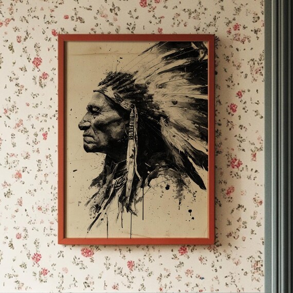 Native Chief Feathered Headdress Ink Portrait Western Wall Art