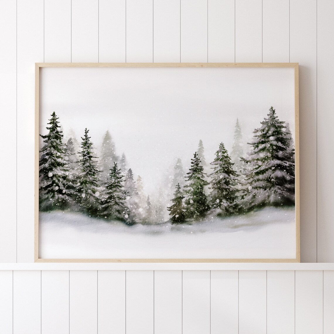 Winter Pine Forest Art Print, Watercolor Farmhouse Decor