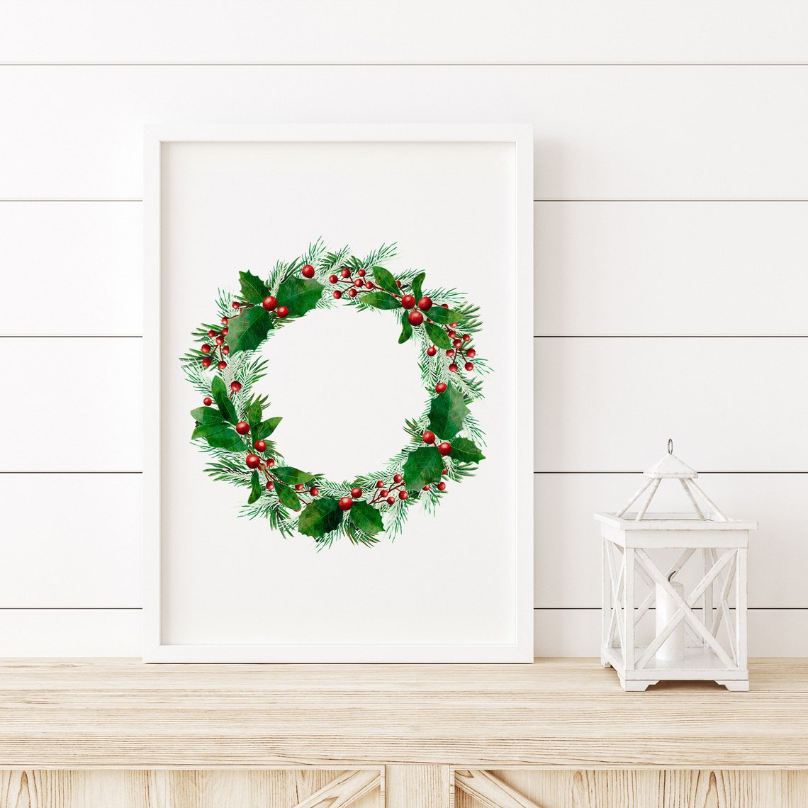 Christmas Wreath Watercolor Greenery Poster Red Berries Holiday Decor
