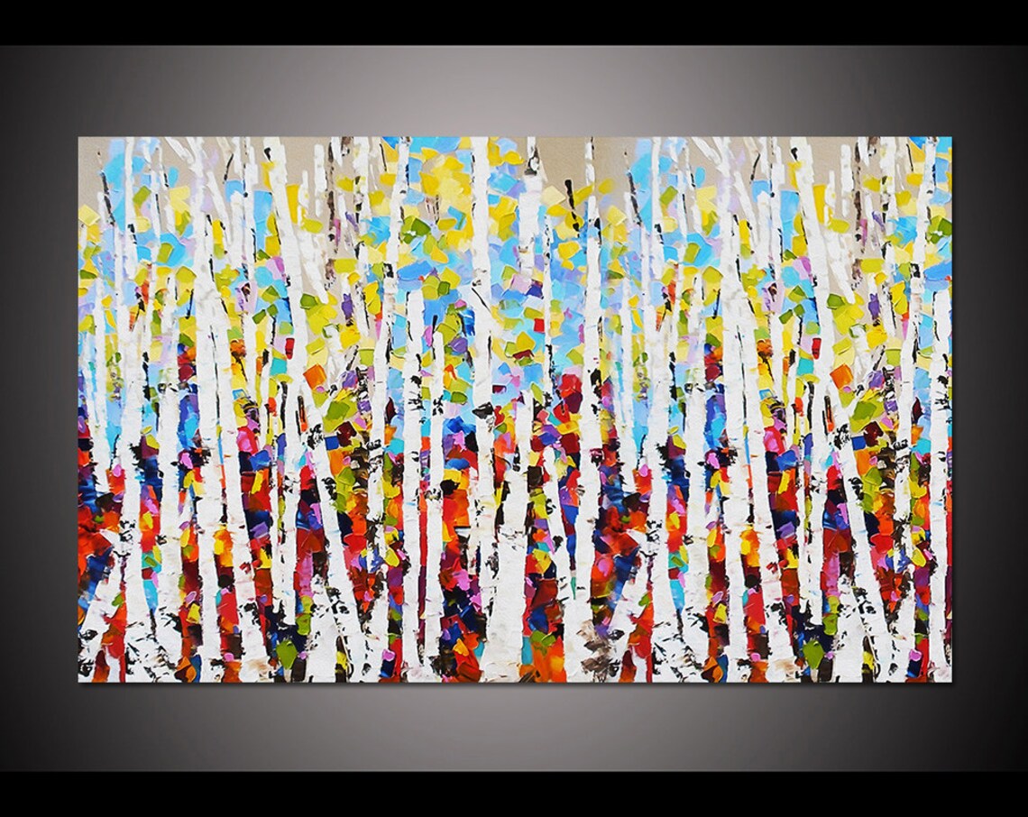 Vibrant Colorful Birch Forest Palette Knife Abstract Art Poster