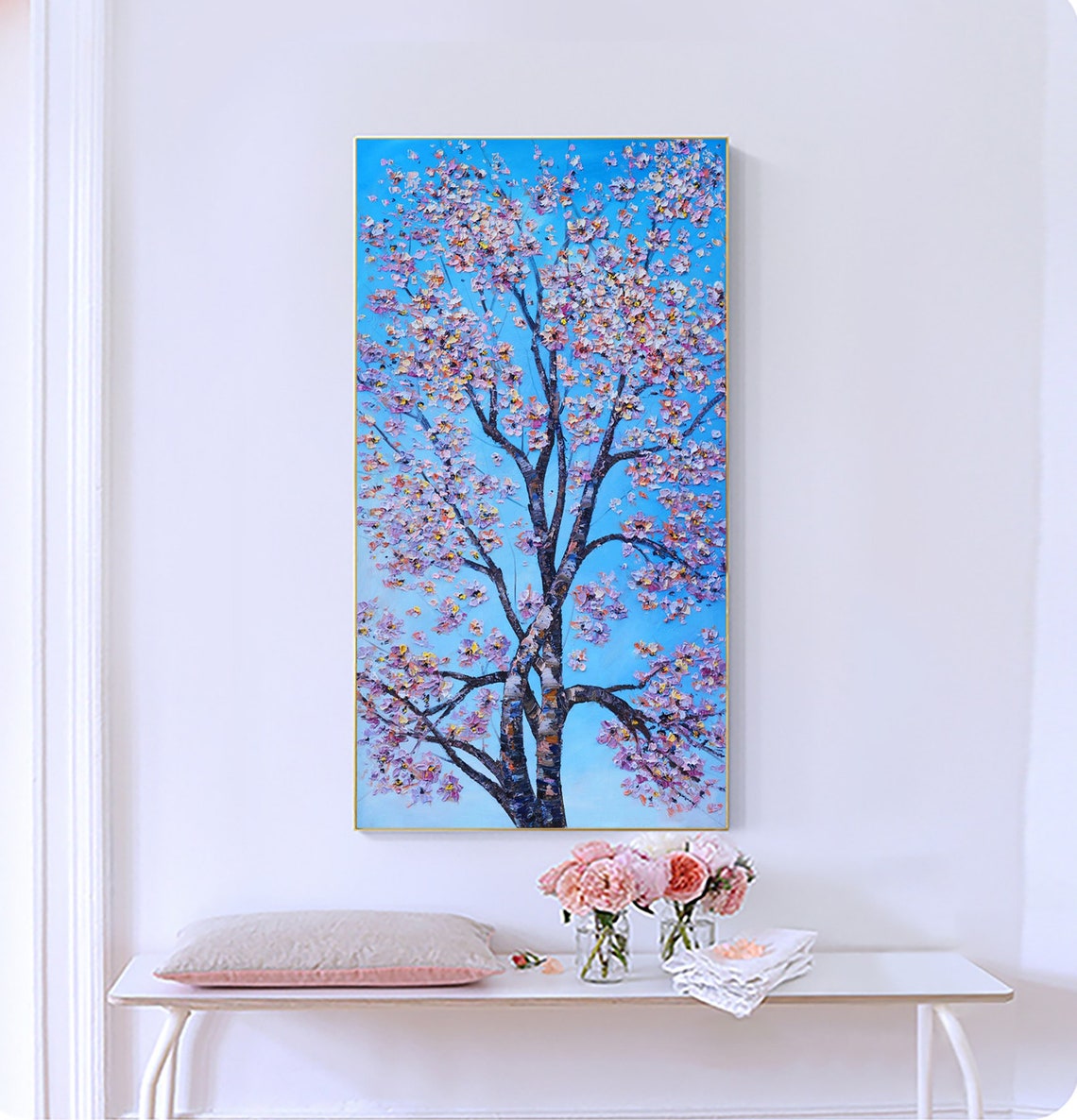 Pink Cherry Blossom Tree Impasto Oil Painting Blue Sky Wall Art - Image 3
