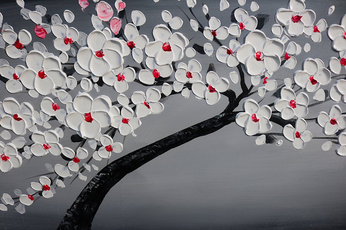 White Red Centered Blossoms On Charcoal Grey Oil Paint Poster - Image 2