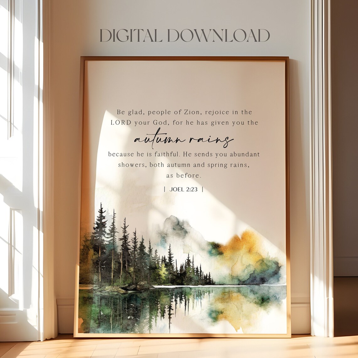 Joel 2:23 Autumn Rains Watercolor Lake Pine Forest Christian Bible Poster