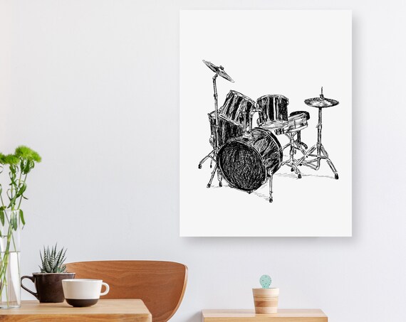 Drum Set Black And White Ink Sketch Percussion Instrument Line Art Poster