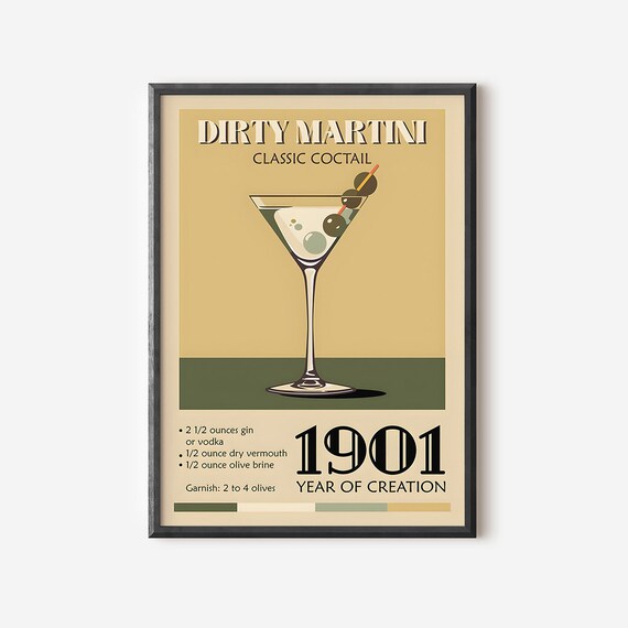 Dirty Martini Classic Cocktail 1901 Recipe Retro Bar Wall Poster