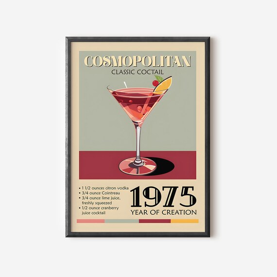 Cosmopolitan Classic Cocktail 1975 Recipe Retro Bar Wall Poster
