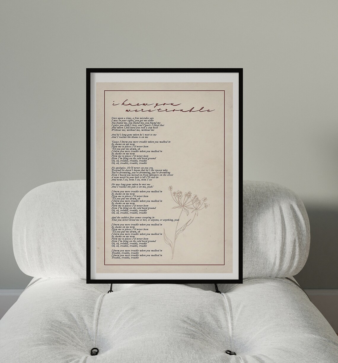 I Knew You Were Trouble Red Era Lyrics Cream Floral Script Poster