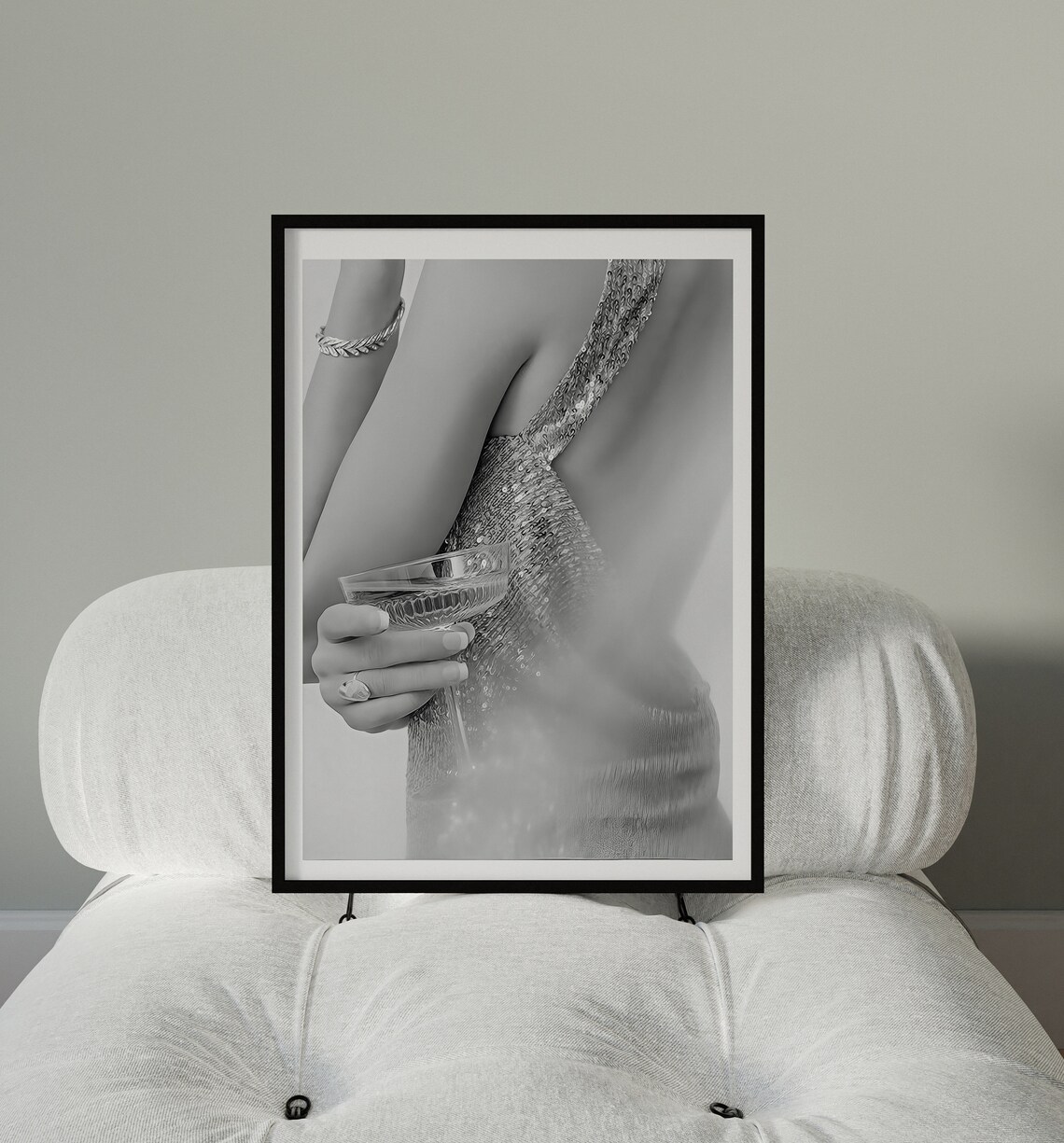 Champagne Coupe Sparkling Sequin Dress Black White Luxury Bar Poster