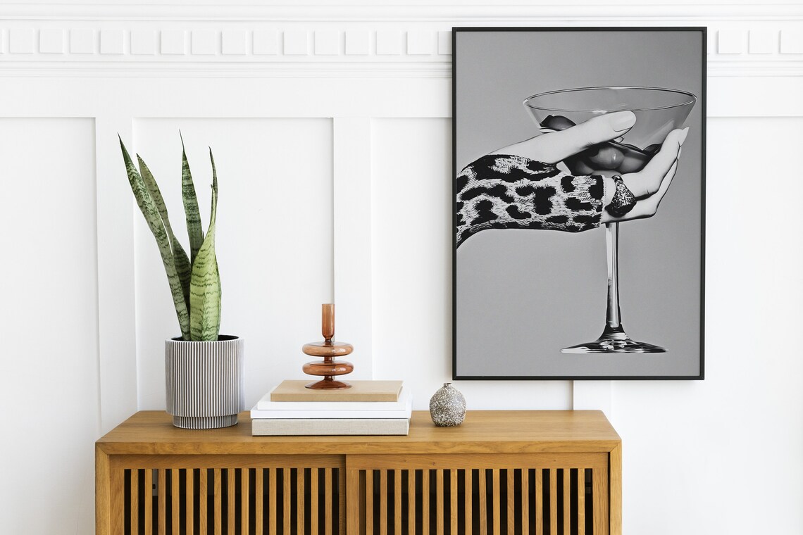 Martini Glass Leopard Sleeve Black White Bar Cart Photo Poster - Image 2