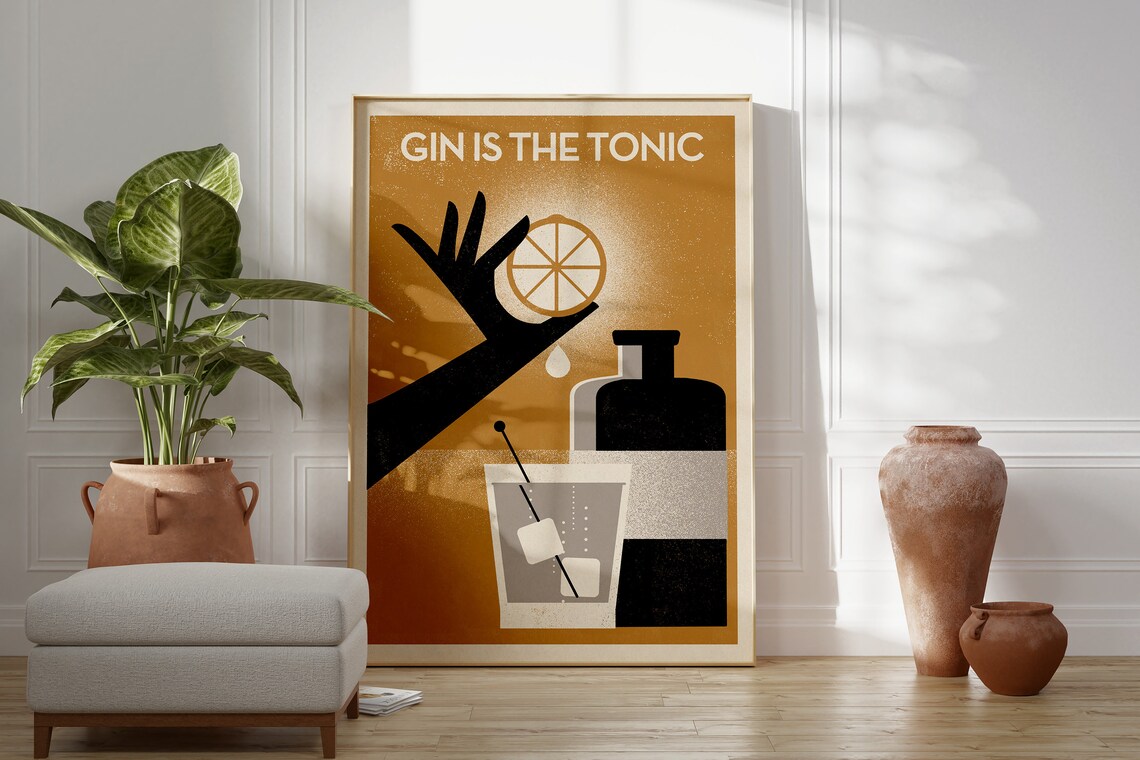 Gin Is the Tonic Retro Cocktail Bar Cart Poster in Ochre Tones - Image 2