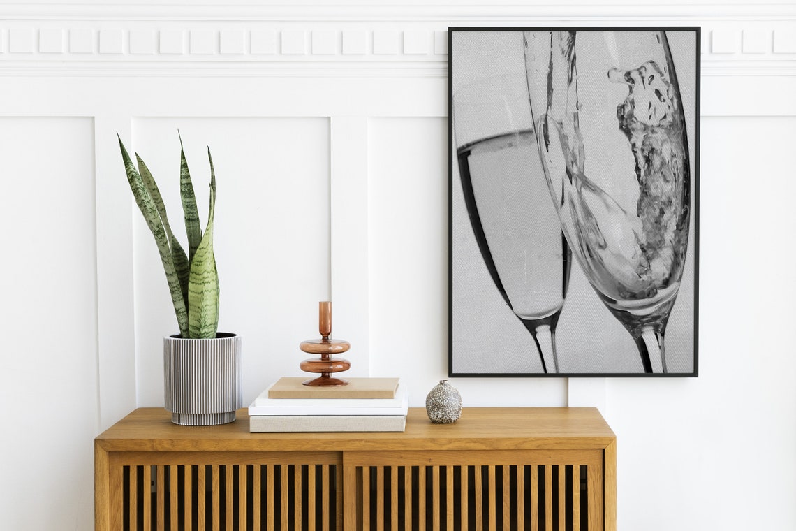 Champagne Splash in Flutes Black White Dramatic Photo Bar Poster - Image 2