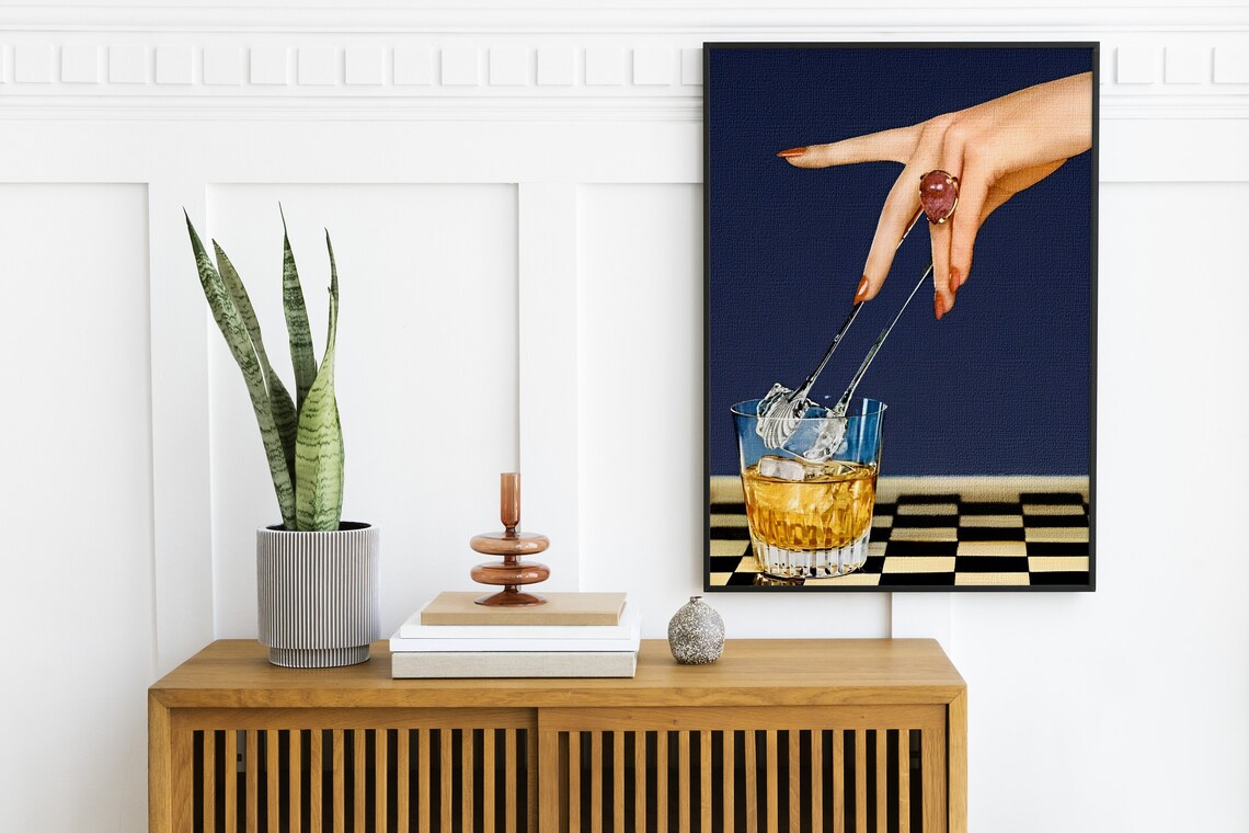 Retro Whisky Glass Ice Tongs Navy Bar Cart Photography Wall Art - Image 2