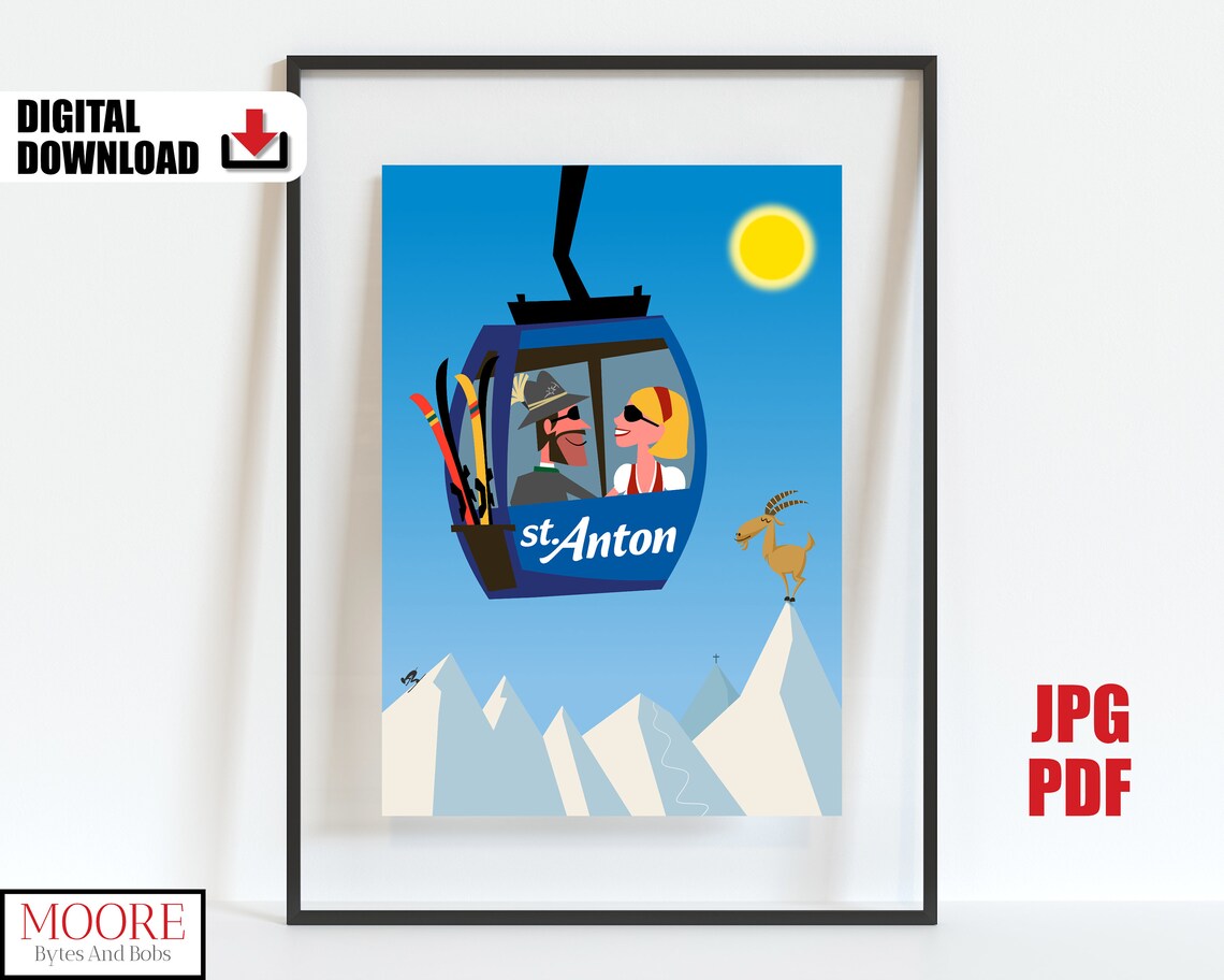 St Anton Austria Retro Ski Gondola Couple Illustration Alpine Poster