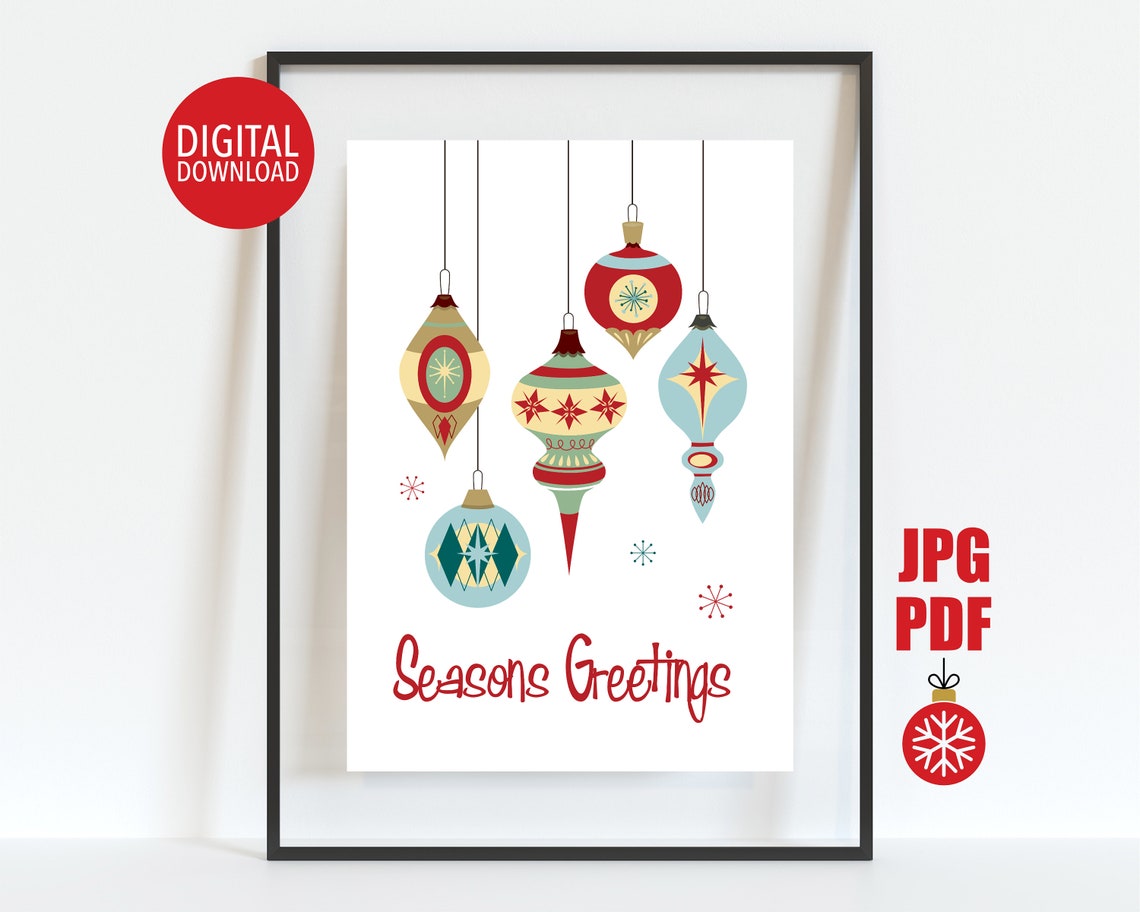 Mid Century Christmas Baubles Seasons Greetings Retro Holiday Poster