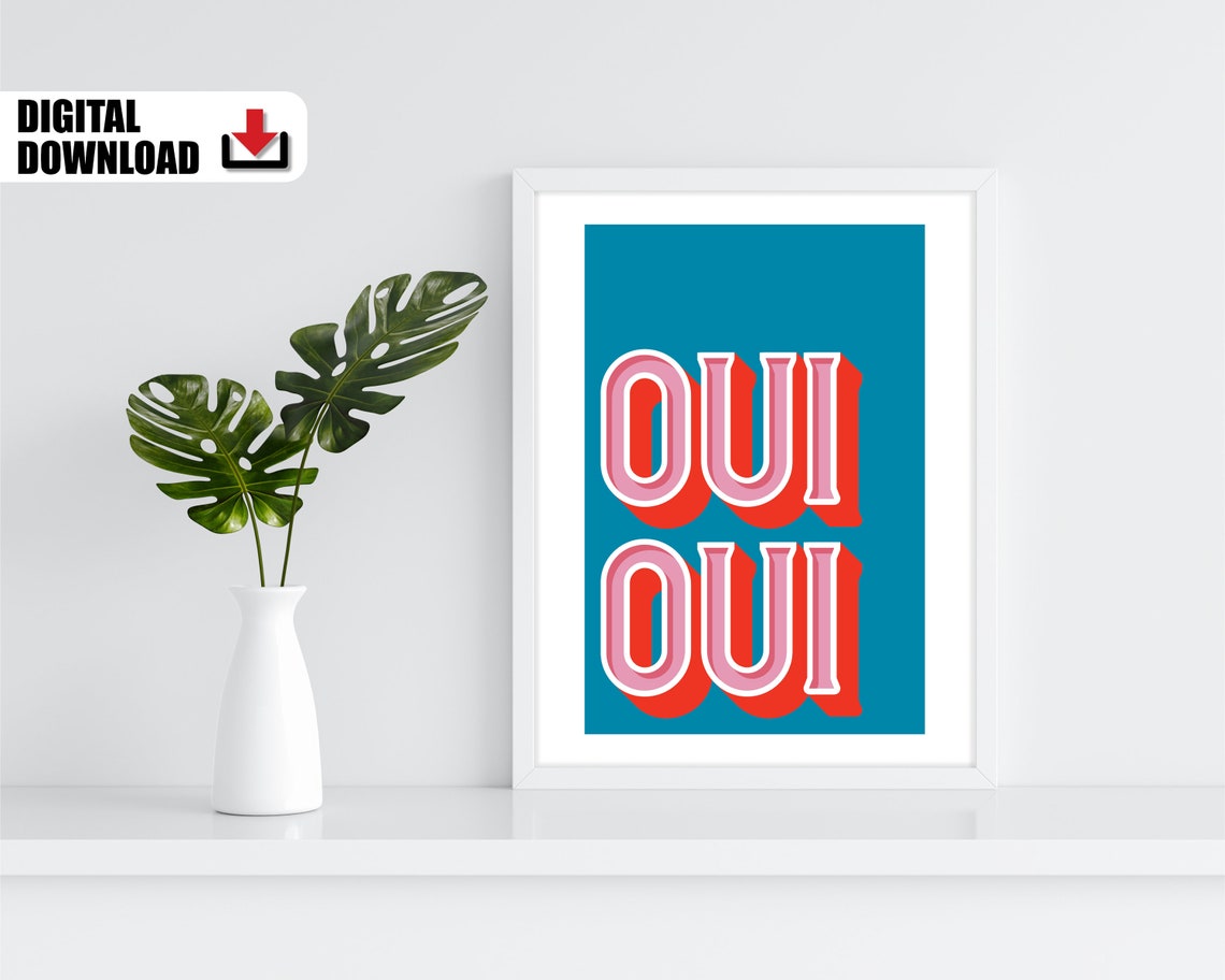Oui Oui Poster Teal Pink Wall Art For Bathroom Funny Toilet Print Powder Room Door Sign French Saying - Image 2