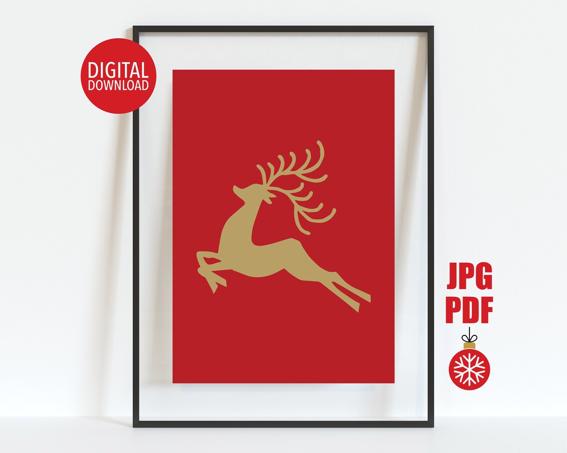 Gold Reindeer Silhouette Red Christmas Modern Holiday Deer Poster