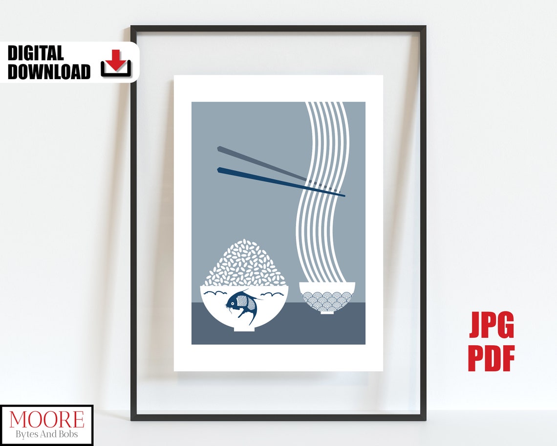 Minimalist Blue Bowls Chopsticks Noodles Asian Kitchen Art Poster