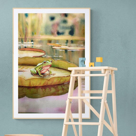 Green Frog on Lily Pad Watercolor Pond Nature Kids Room Poster