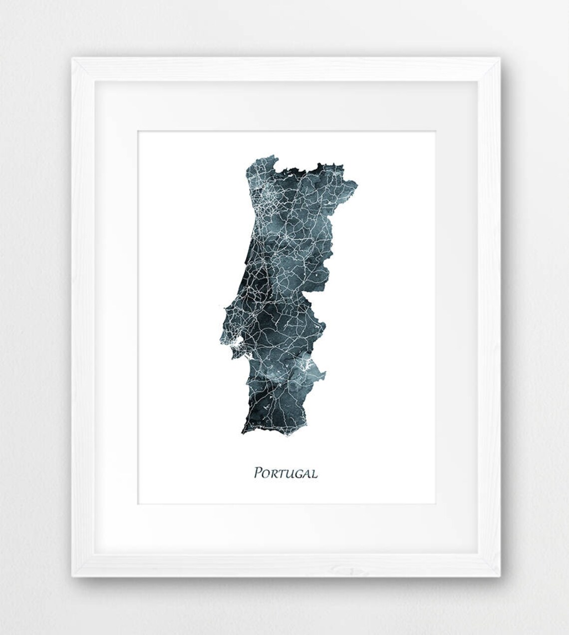 Portugal Watercolor Country Map Poster Indigo Blue Travel Home Decor Art