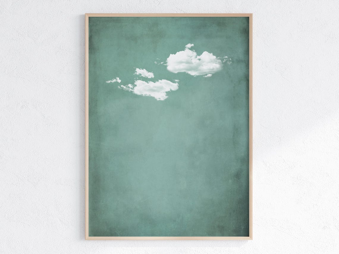 Mint Green Cloud Vintage Sky Wall Art for Calm Minimalist Rooms
