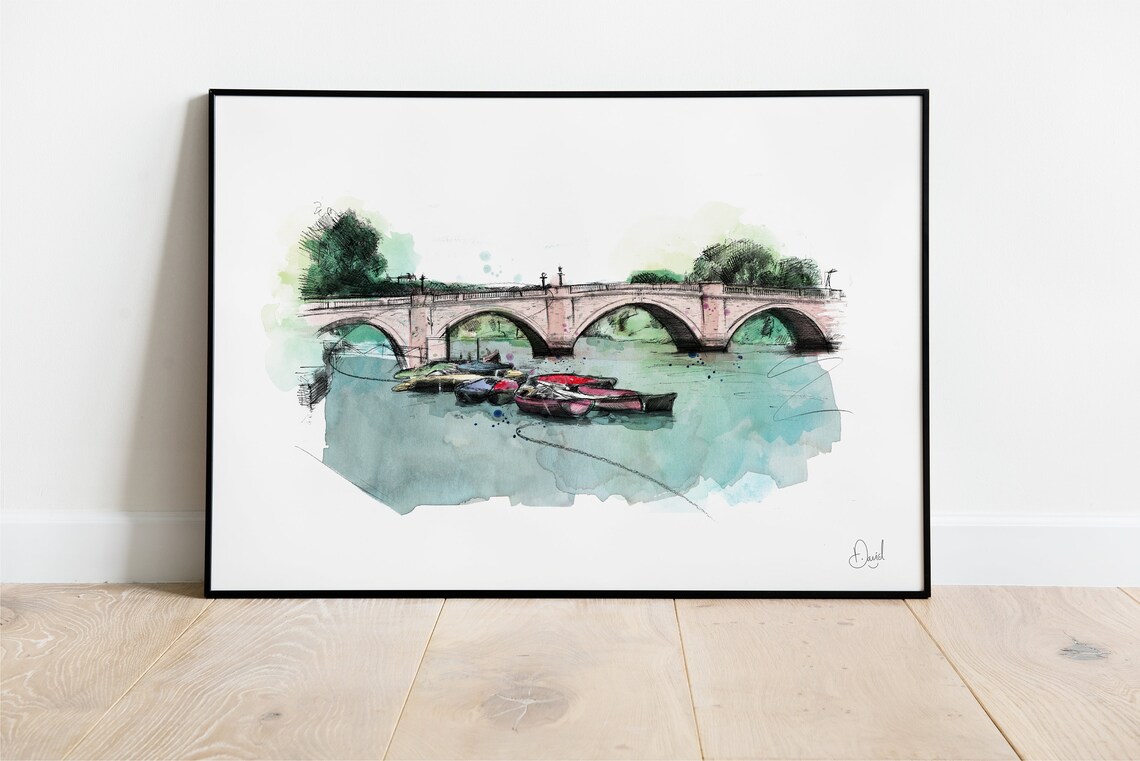 Stone Arch Bridge River Boats Watercolor Sketch Landscape Poster