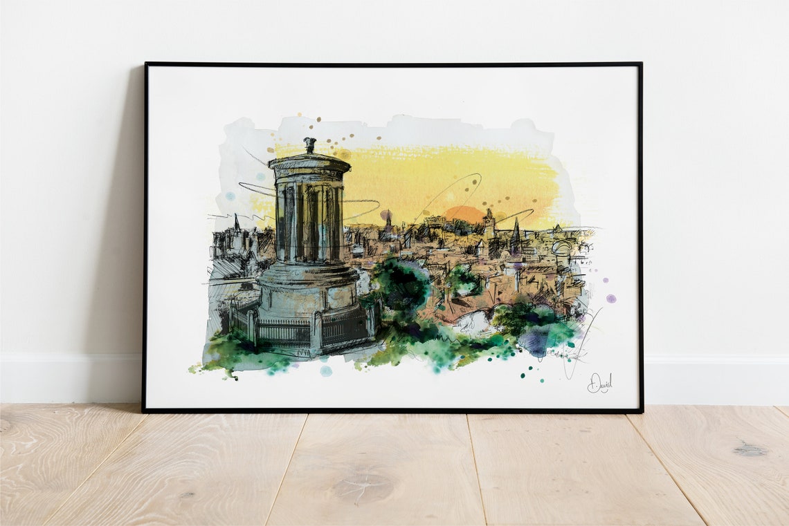 Edinburgh Carlton Hill Sunset Ink Watercolour Monument Sketch Print