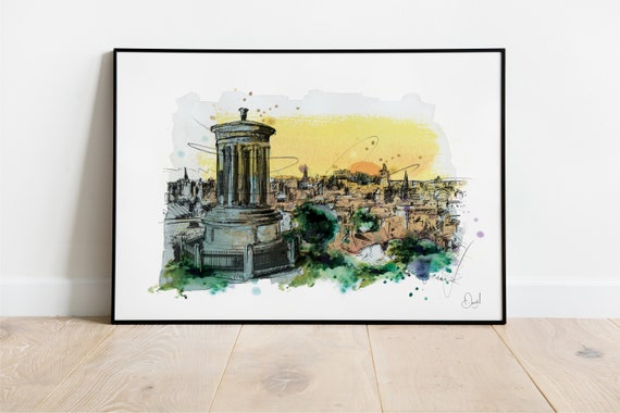 Edinburgh Carlton Hill Art Print City Illustration Scotland Drawing Watercolour