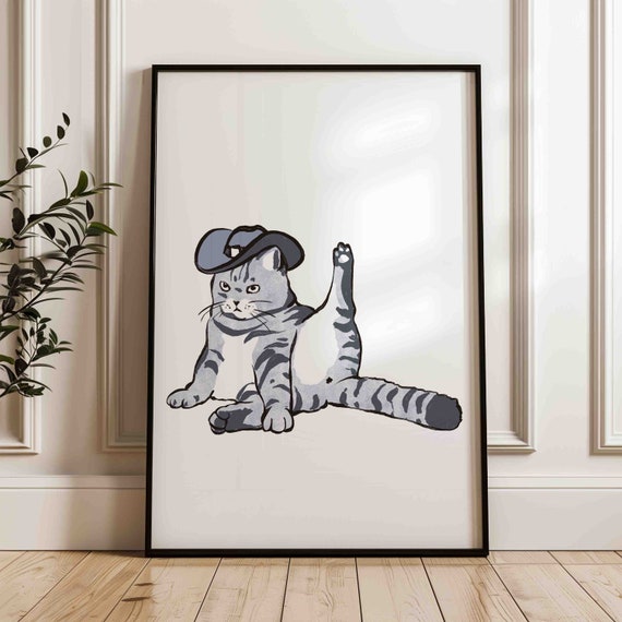 Kitten Cowboy Wall Print Cat In A Hat Poster Retro Western Art Shipped Funny Room Decor