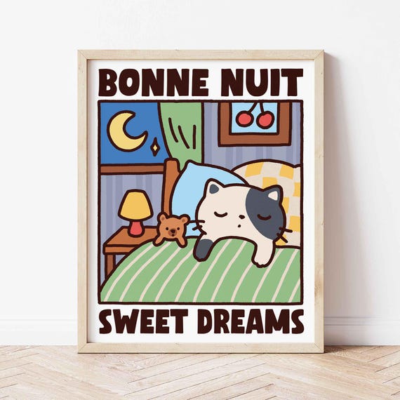 Bonne Nuit Sweet Dreams Cat Print Cute Quirky Gray Mom Gift Kids Bedroom Poster Unframed Shipped Wall Art Retro