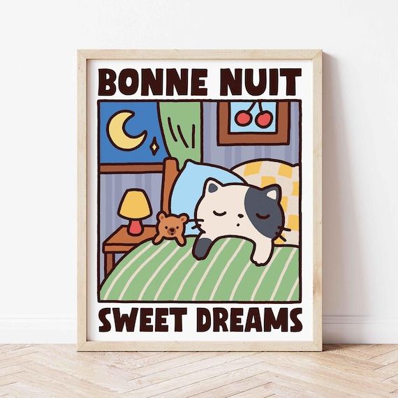Bonne Nuit Sweet Dreams Sleeping Kitten Retro Cartoon Poster Art
