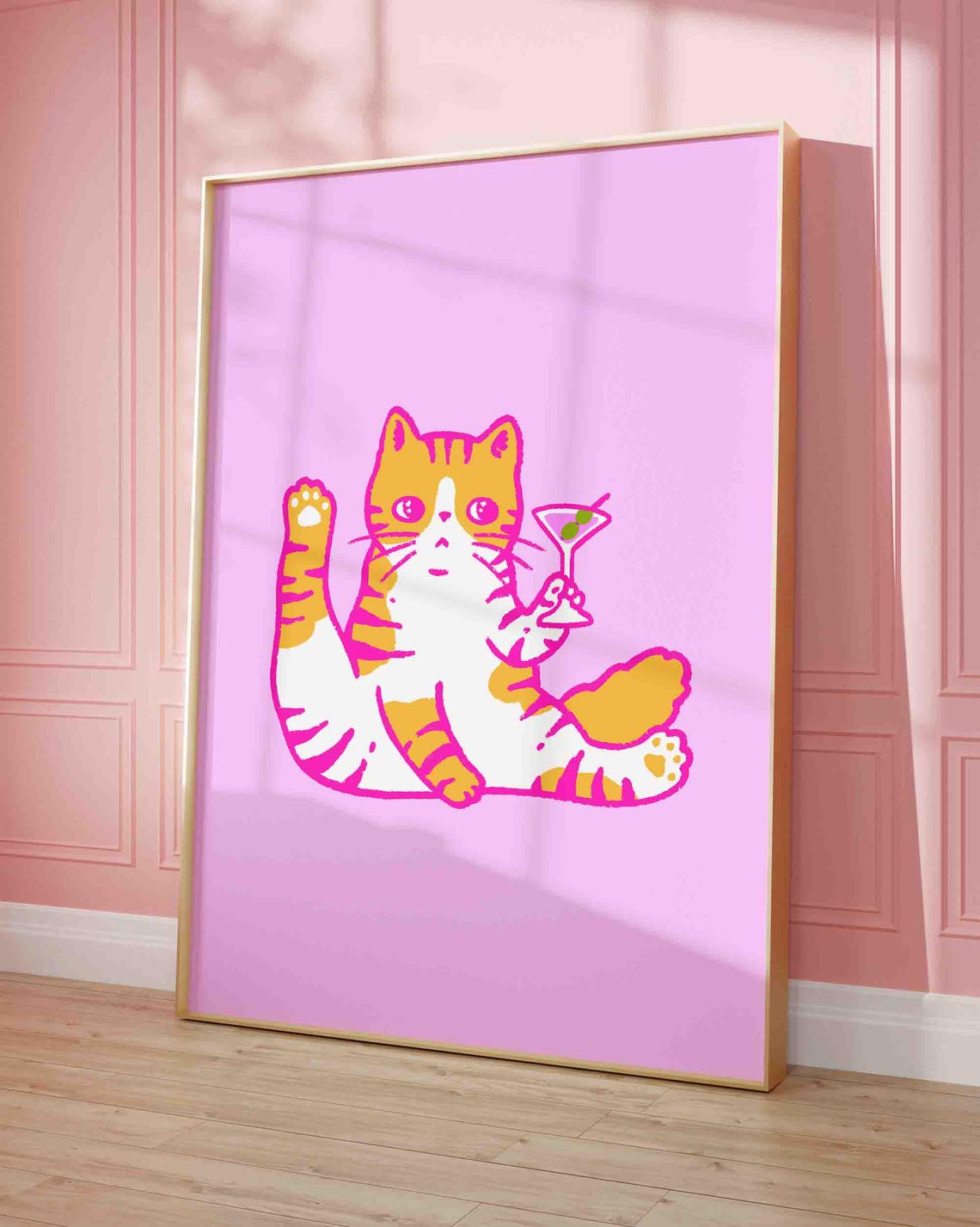 Cute Pink Cat Holding Martini Glass Funny Cocktail Party Poster