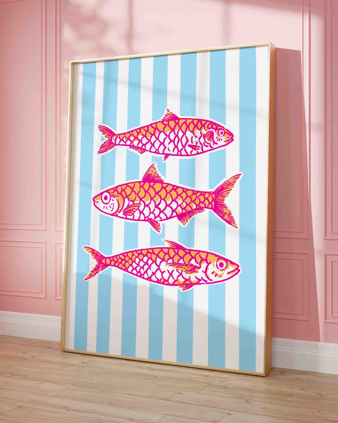Retro Sardines Kitchen Hand Drawn Colorful Fish Stripe Wall Art
