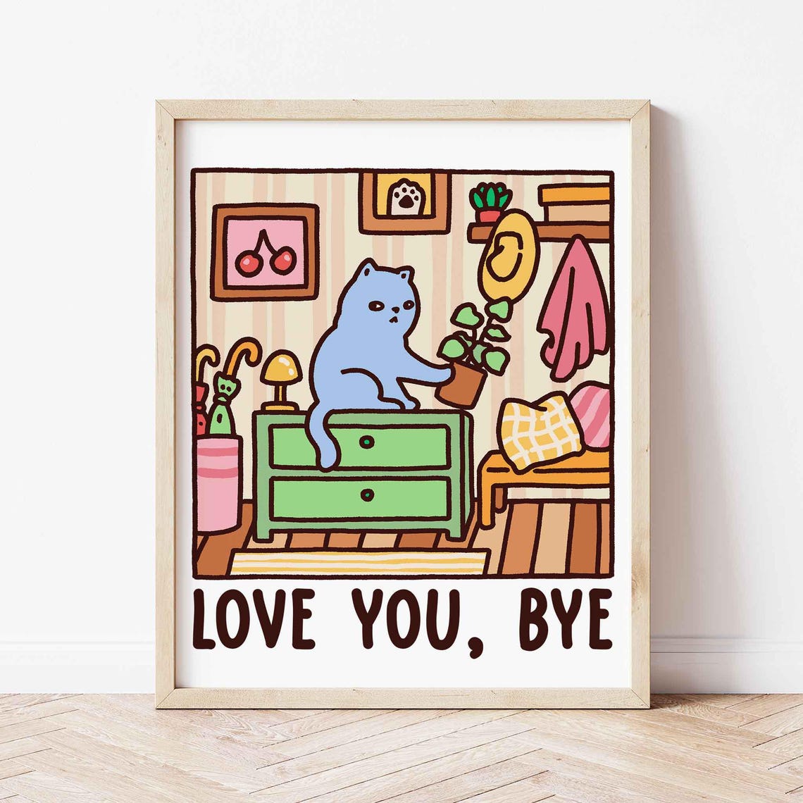 Blue Grey Cat Love You Bye Framed Kawaii Illustration Poster