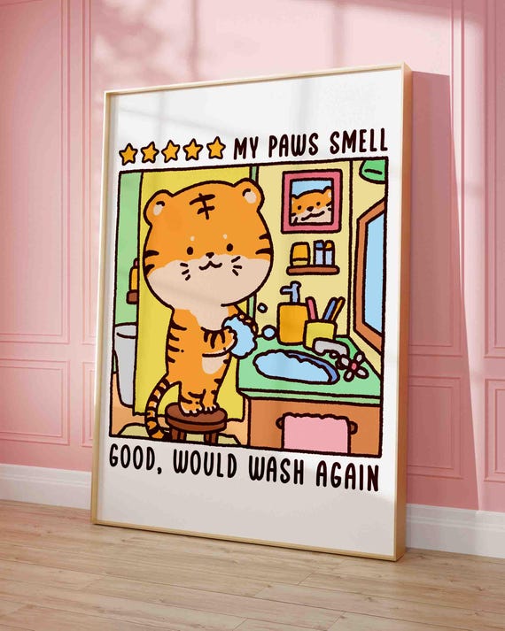 Wash Your Paws Tiger Poster Cute Bathroom Wall Art Room Decor Childrens Washing Up Print Kawaii Clean Hands Shipped