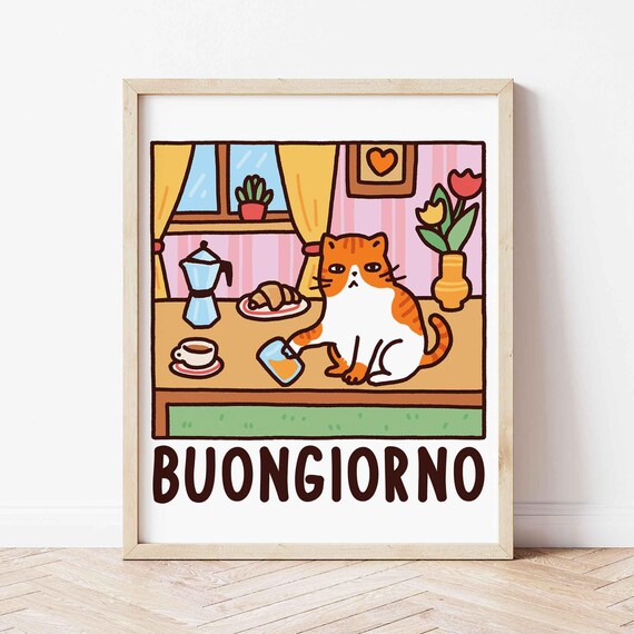 Orange Cat Buongiorno Breakfast Moka Pot Kawaii Kitchen Poster