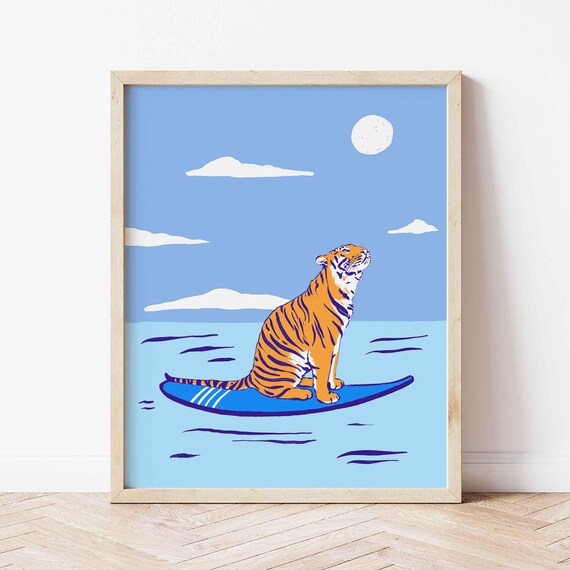 Tiger Wall Print Blue And Orange Poster Hand Drawn Surfing Coastal Shipped Art Beach Home Decor Dopamine