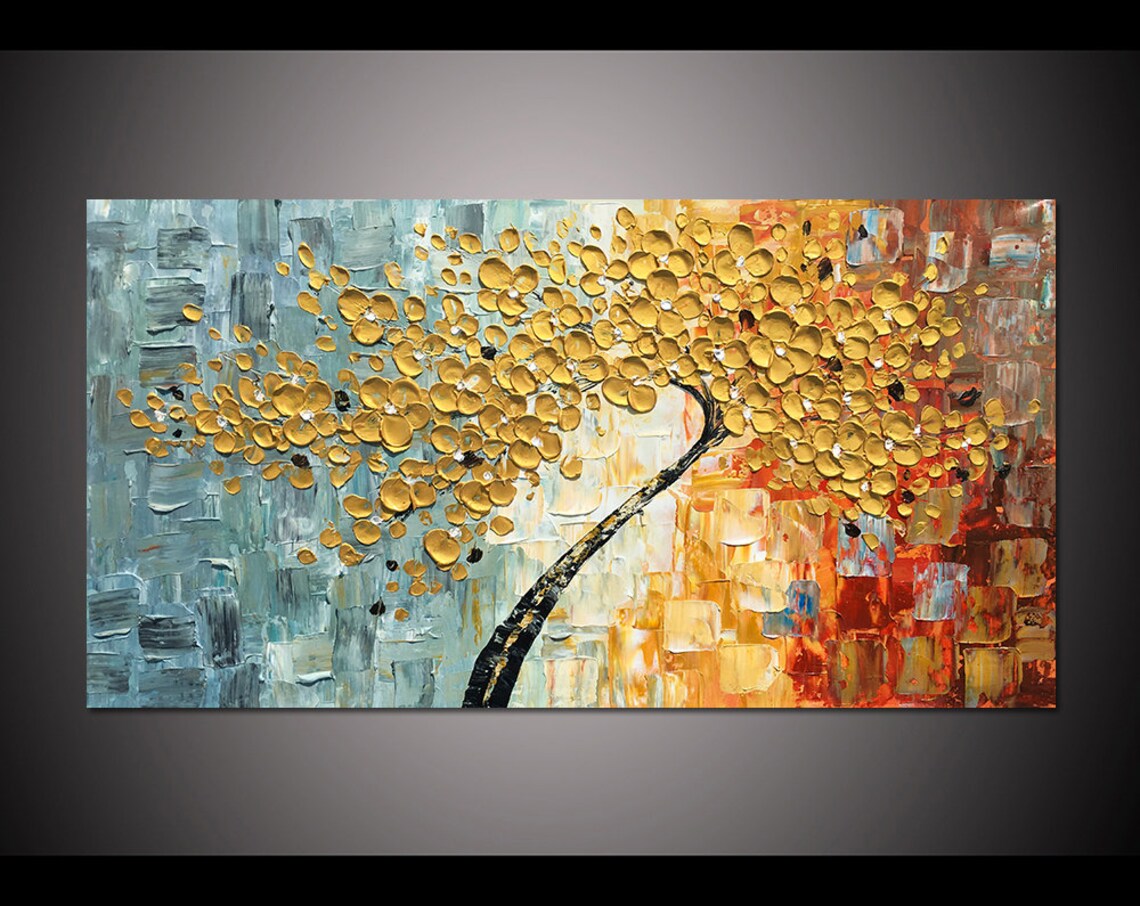 Gold Cherry Blossom Painting, Abstract Floral Art Print
