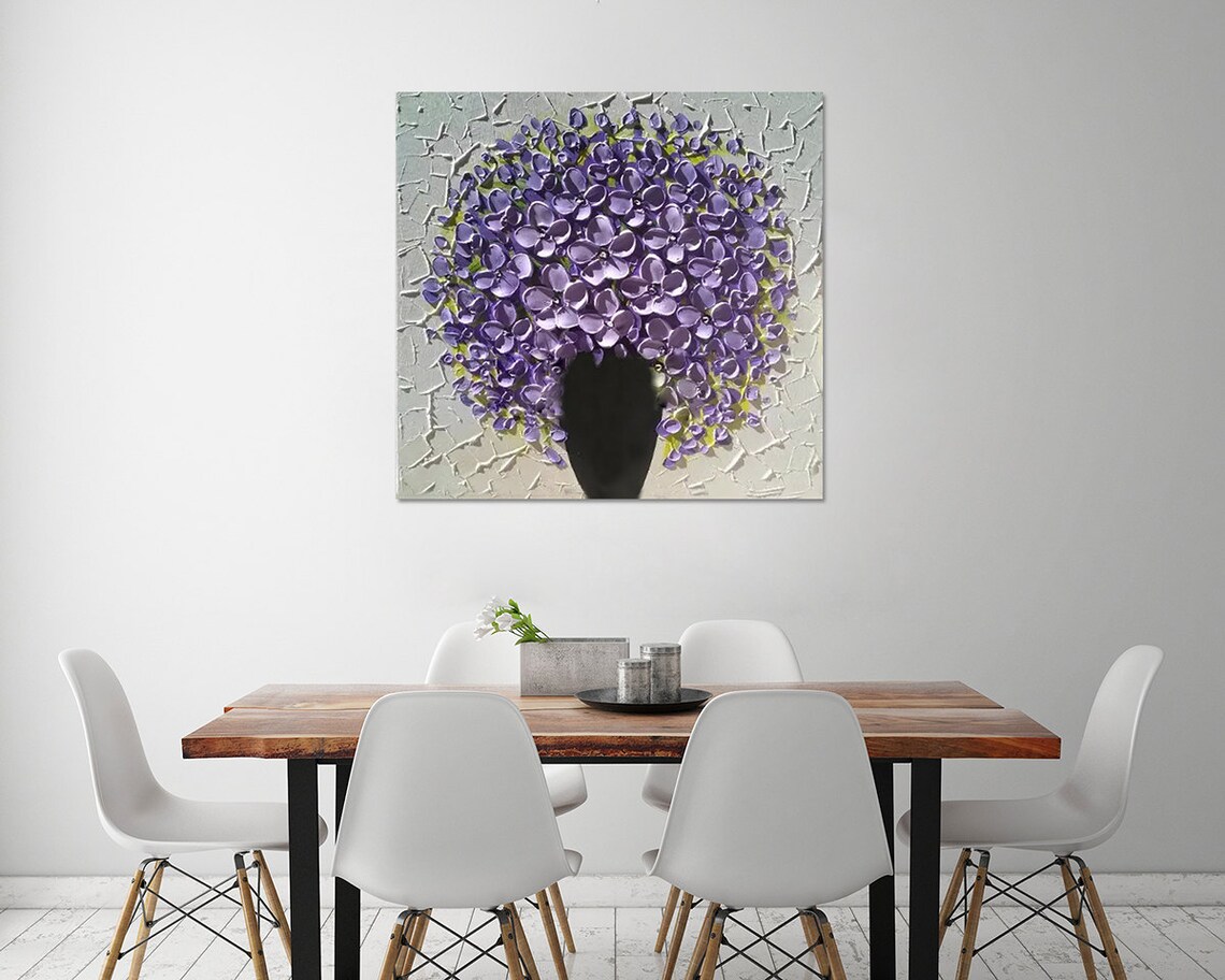Lavender Purple Flower Bouquet In Black Vase Textured Oil Poster