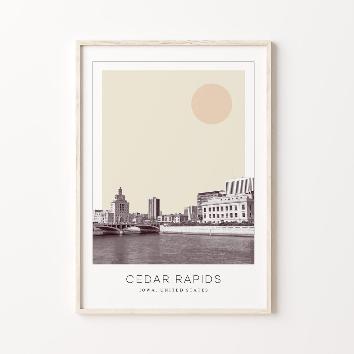 Cedar Rapids Iowa Riverfront Bridges Skyline Minimalist Travel Poster