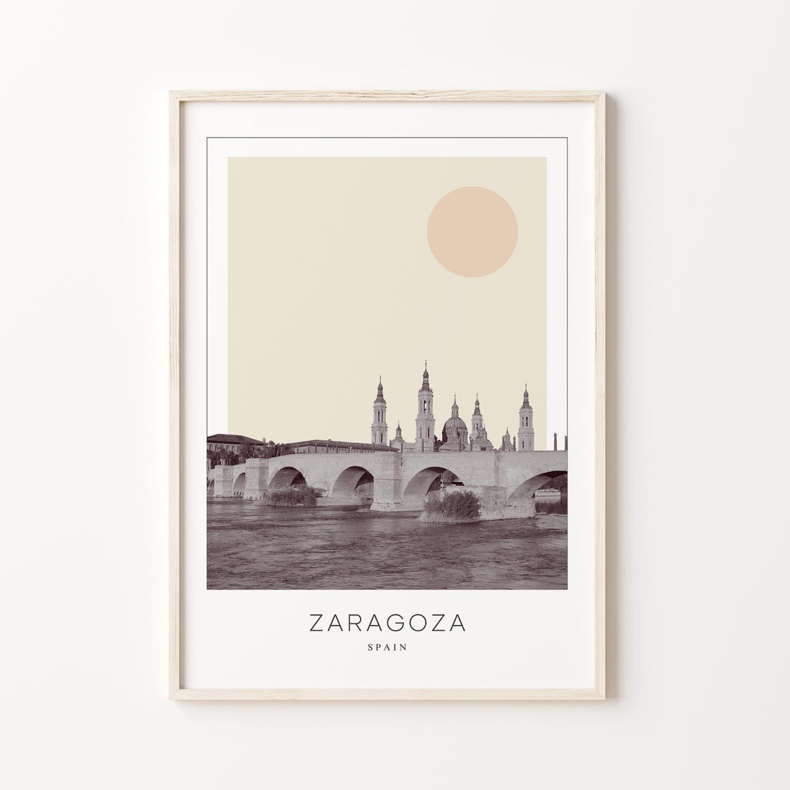 Zaragoza Spain Stone Bridge and Basilica Minimalist Travel Poster