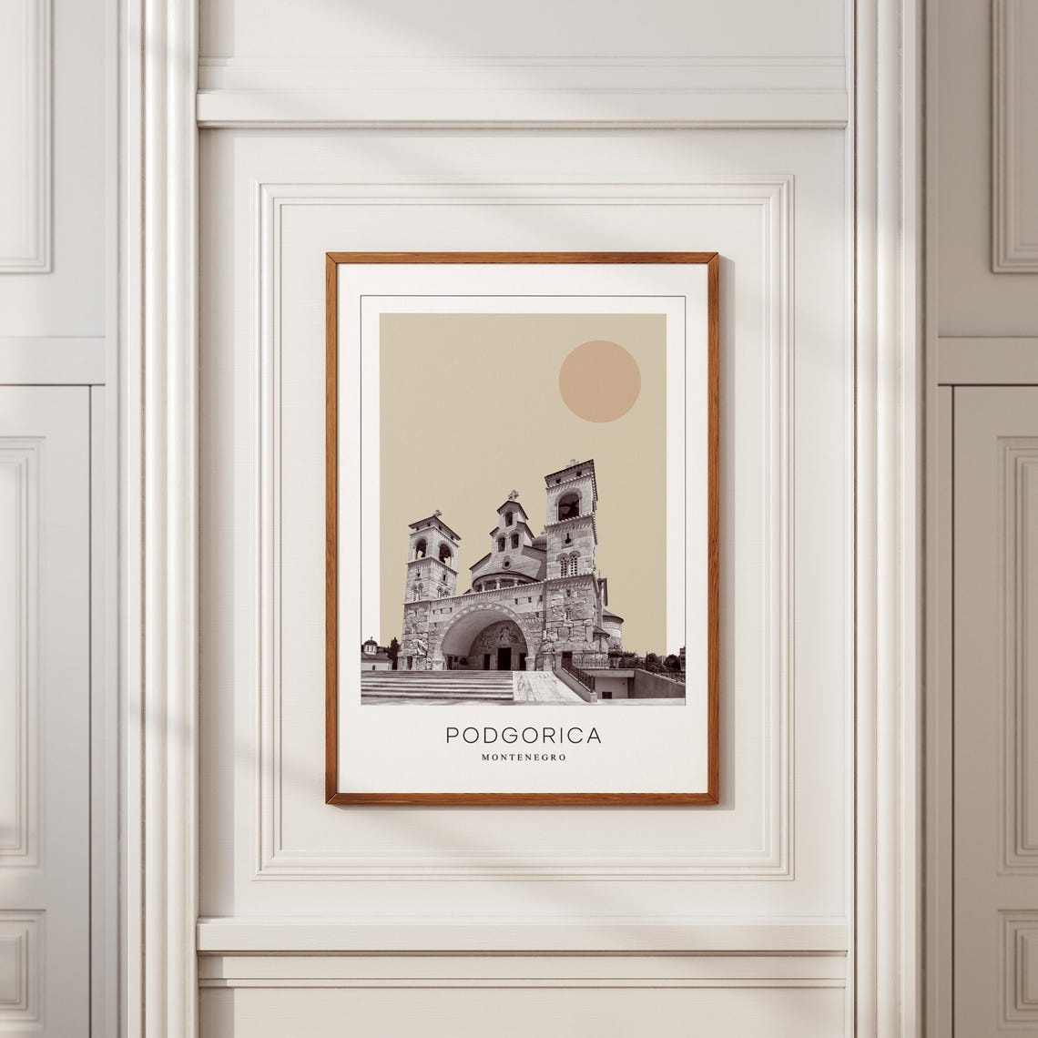 Podgorica Montenegro Stone Cathedral Minimalist Sun Travel Poster - Image 2