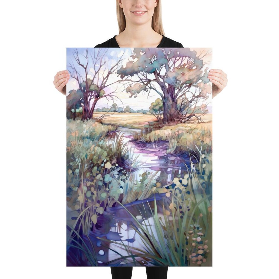 Purple Wetland Stream with Tall Reeds Watercolor Landscape Poster - Image 5