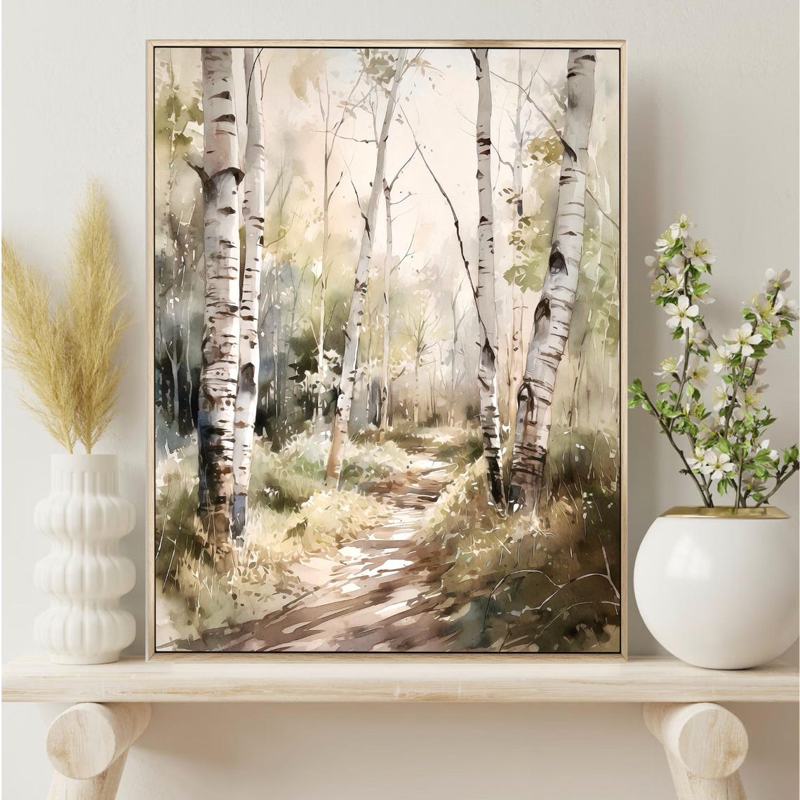 Misty Birch Forest Path Muted Earth Tones Calm Watercolor Poster - Image 3