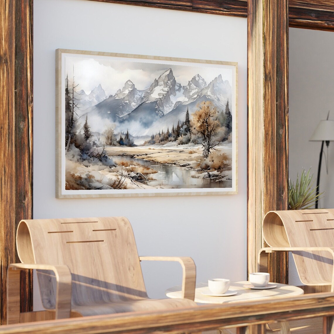 Grand Teton Snowy Peaks Over Meadow and Stream Watercolor Poster - Image 5