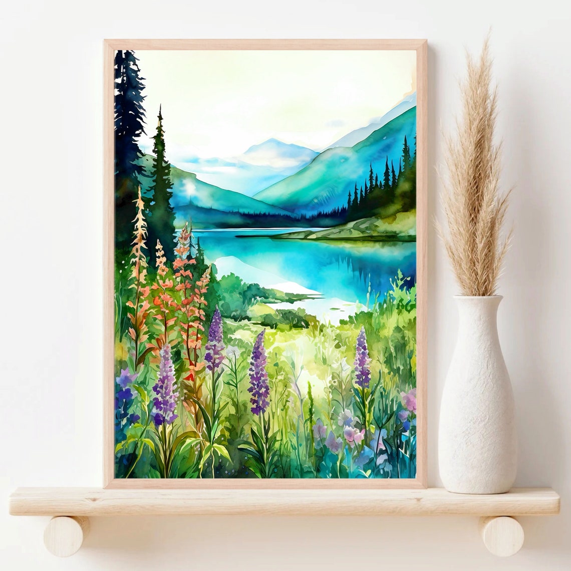 Mountain Lake Wildflowers Lupine Meadow Pine Forest Watercolor Poster - Image 2